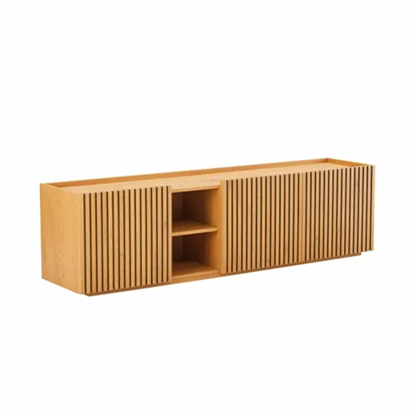 Modern Oak Slatted TV Unit with Sliding Doors - 180cm Entertainment Console