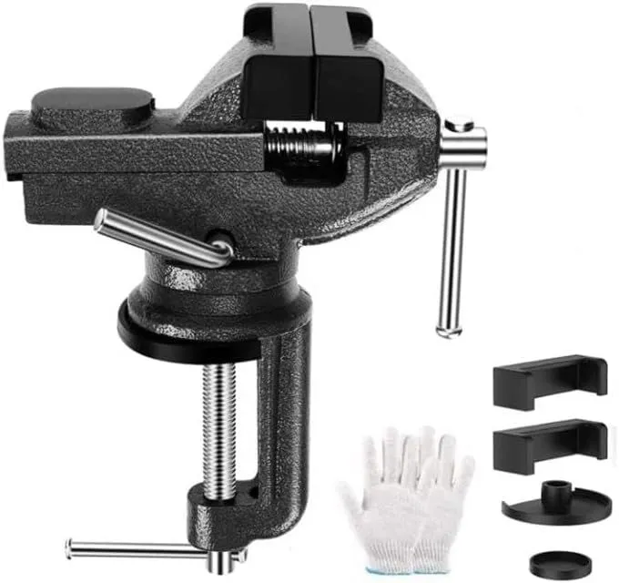 360 Degree Rotating Table Bench Vise Clamp With 4 Rubber Pads & Gloves.
