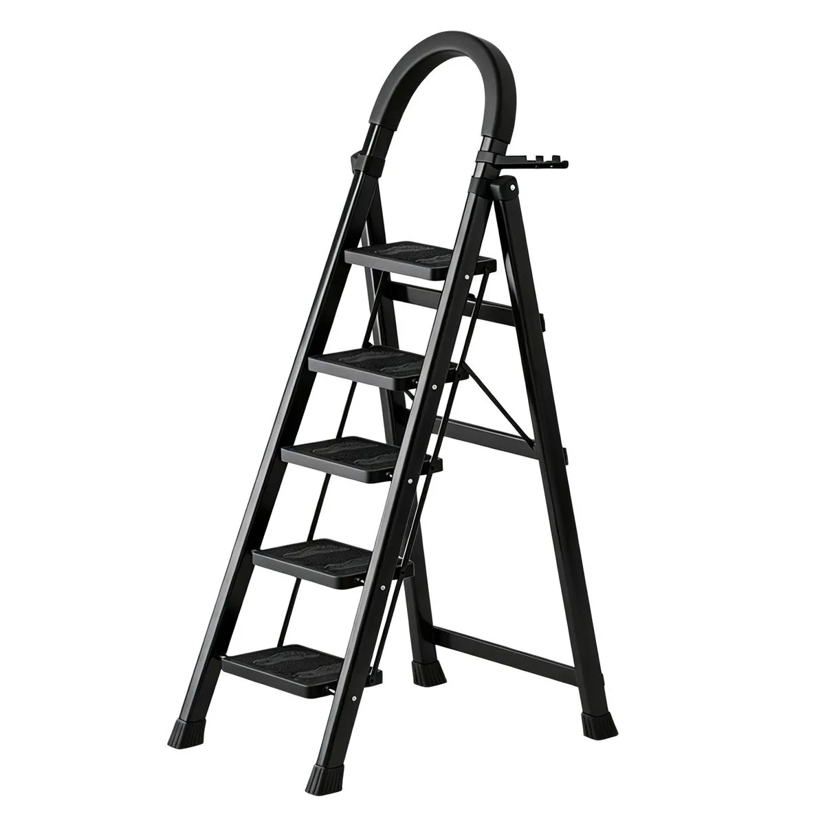 5-Step Stainless Steel Folding Step Ladder with Handgrip Non-Slip - Black