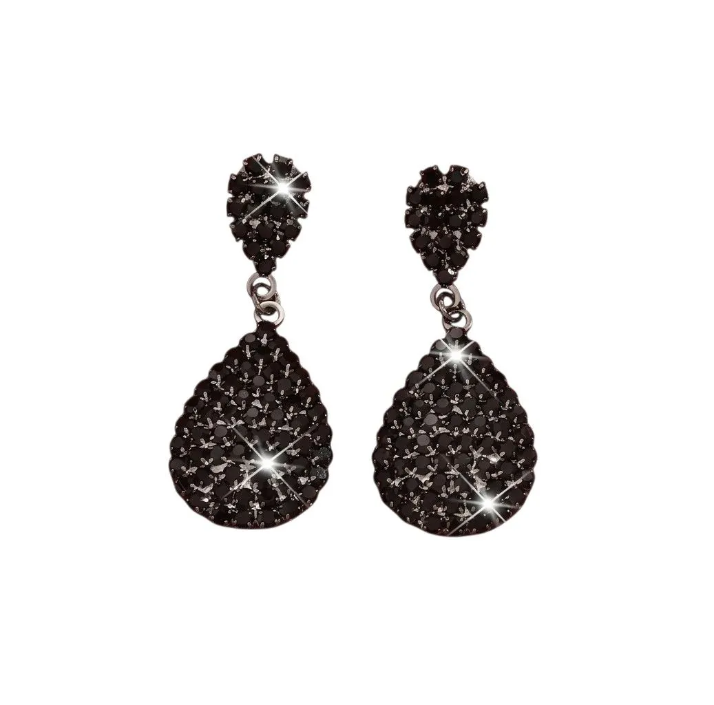 Elegant Rhinestone Teardrop Drop Earrings - Pavé Crystal Dangle - Black