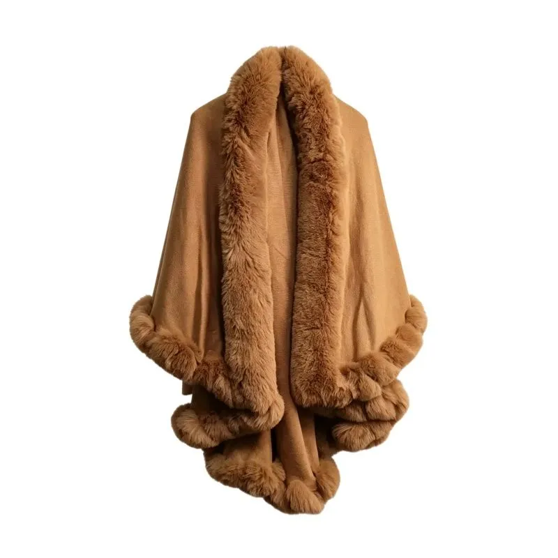 Women's Fall/Winter Warm Thick Double-Layer Fleece-Trimmed Knit Shawl Cape - camel