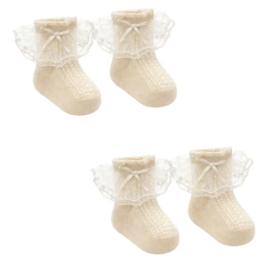2 Pack - Double Layer Lace Ruffle Design Baby Socks With Bow - Beige