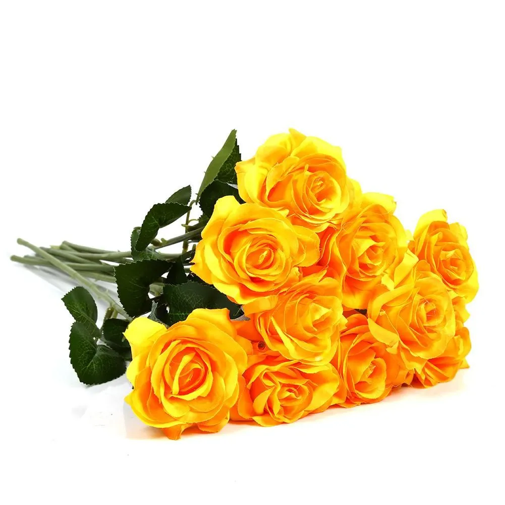 10Pieces Artificial Rose Flowers Yellow Fabric Simulation Bouquet Home