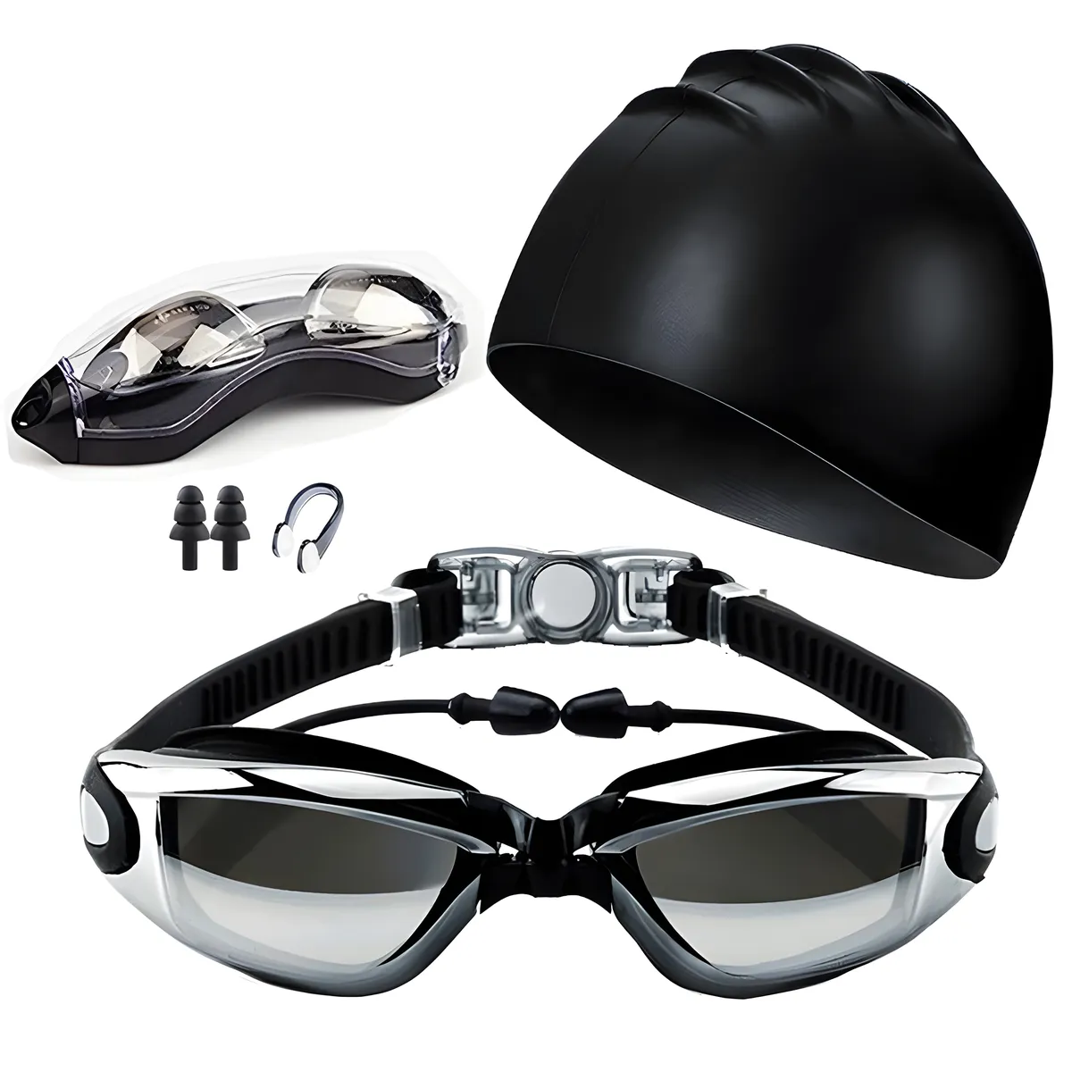 Swimming Goggles Anti-Fog Swim Cap Ear Plug Nose Clip Train Equipment Set - Black