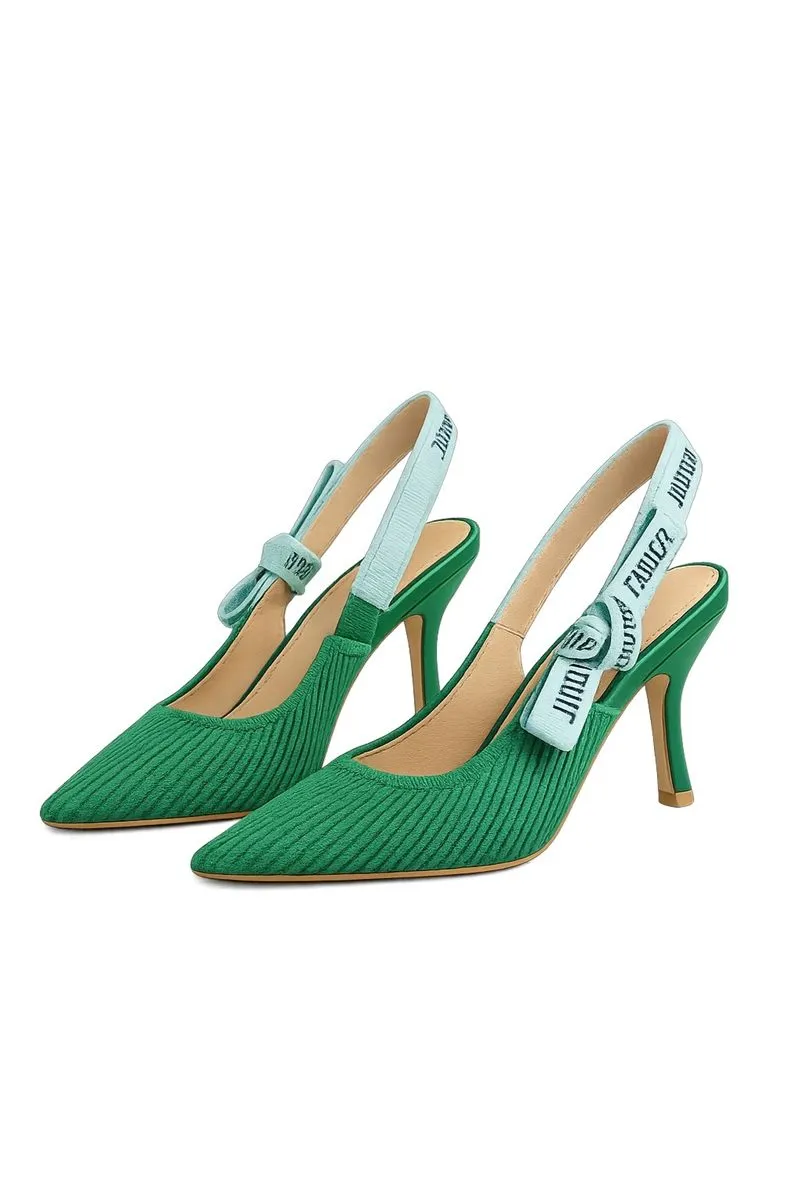 Women's Green Pointed Toe Slingback Kitten Heel Pumps with Bow Strap