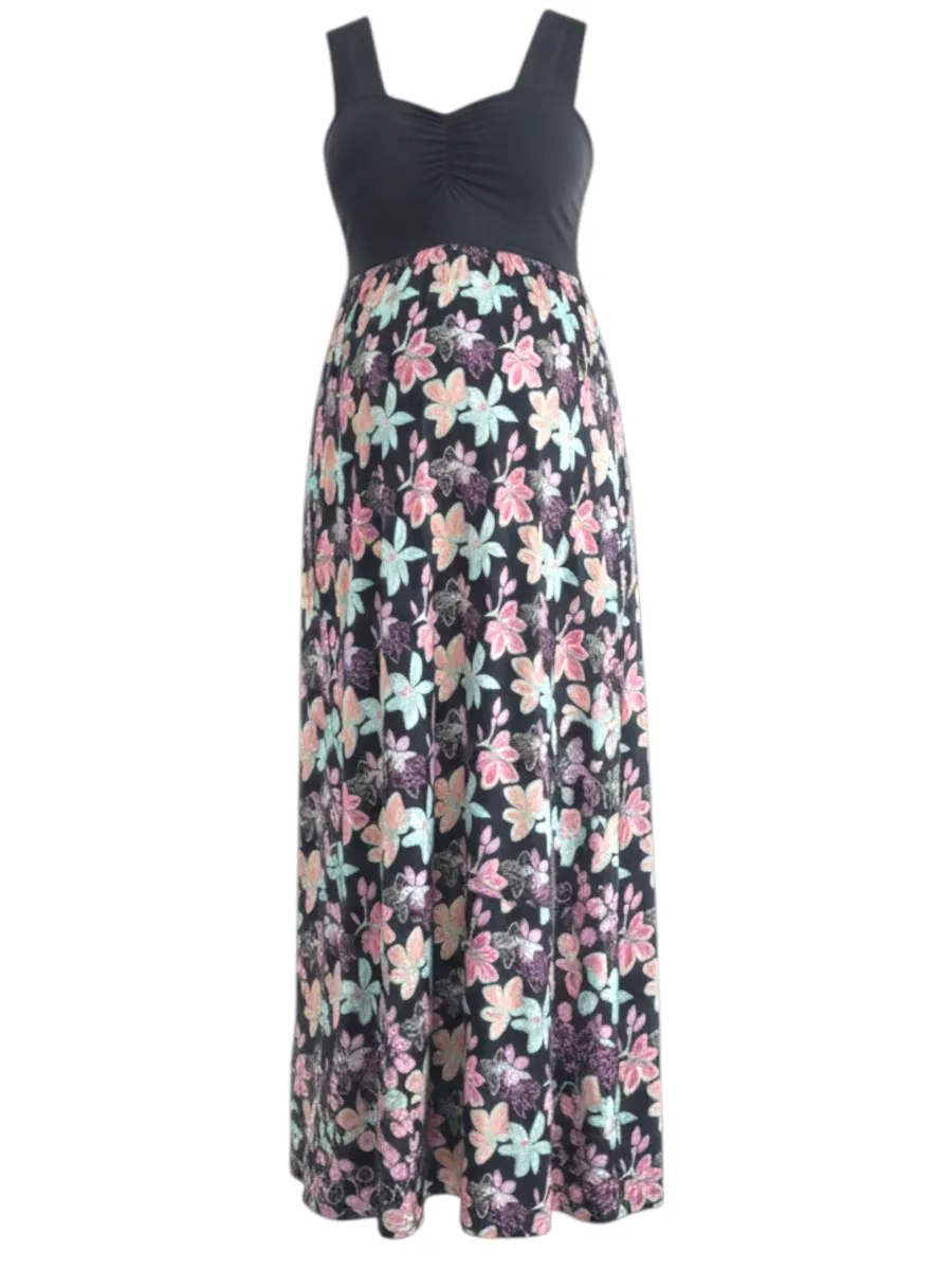 Wide Strap Maternity Maxi Black Floral