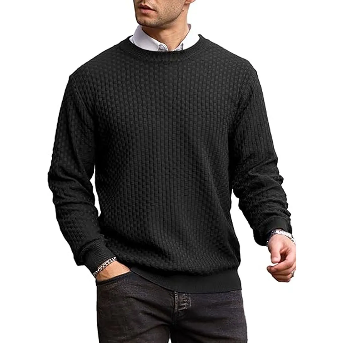 Cardigans Crewneck Sweater Pullover Waffle Knit Long Sleeve For Man Black