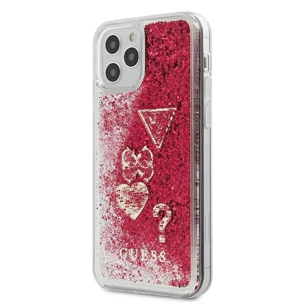GUESS HARD COVER LIQ. GLITTER CHARMS RASPBERRY IP12 Mini/Pro/Pro Max