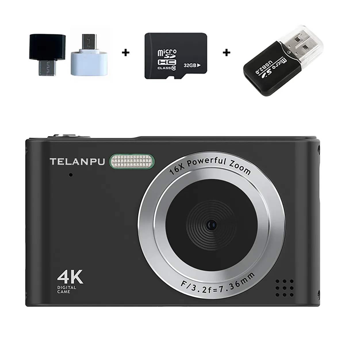 TELANPU 48MP 4K HD Digital Camera with 16X Zoom Macro Lens, Hybrid - Black