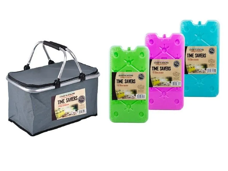 Grey Cooler Bags With Handles Nylon 46x28x22cm +3 Piece Ice Brick Boards 25x14cm