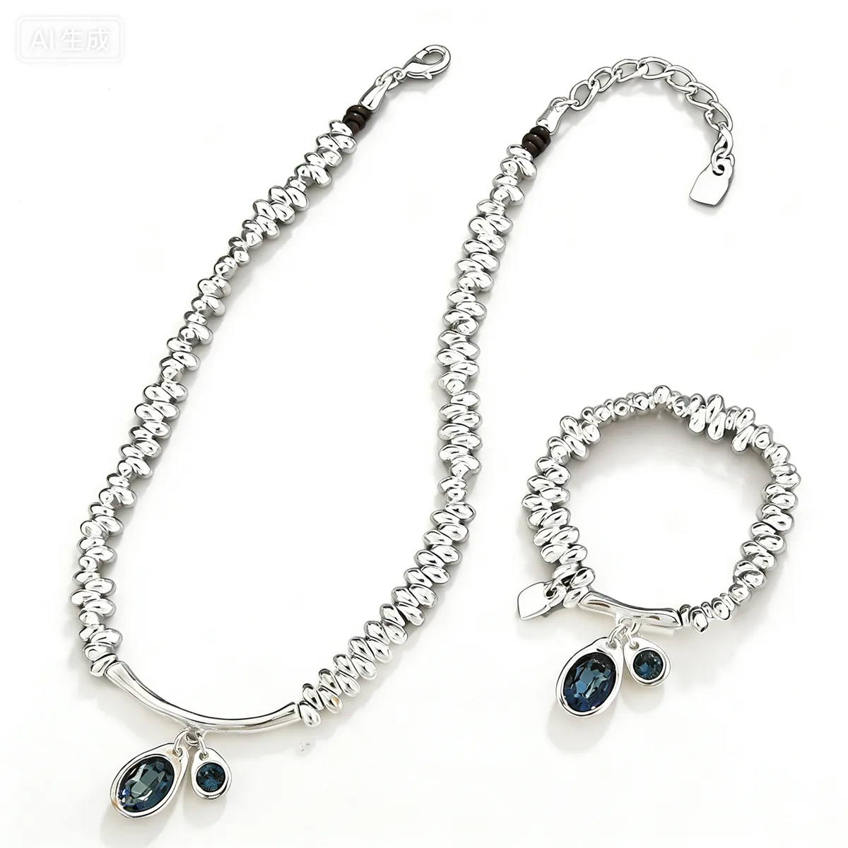 Irregular Gemstone Silver Shards Necklace Bracelet Set - Niche Unique Style
