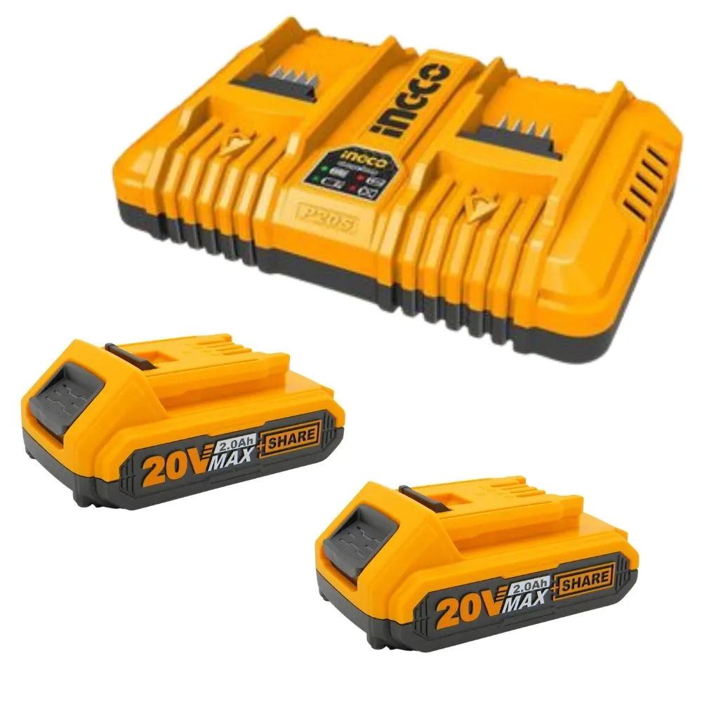 Ingco - Fast Intelligent Dual Charger with 2 x 2.0Ah Battery Packs