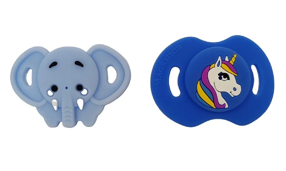 Funny Dummy Pacifiers For Babies - 2 Pack Silicone Ele & Unicorn Design
