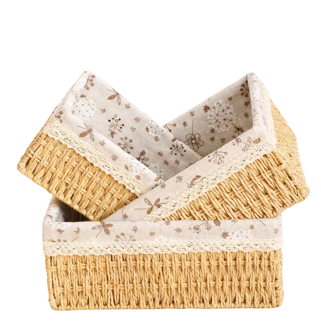 3-Piece Woven Storage Basket Set with Floral Fabric Lining & Lace Trim - Beige