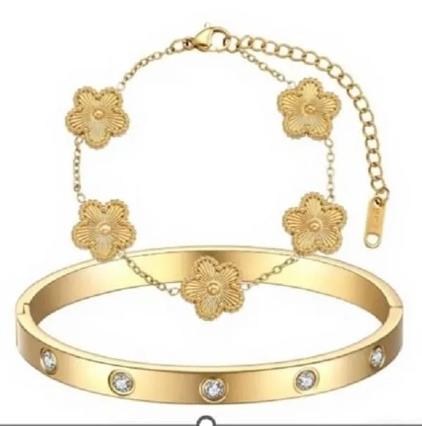 2-piece Gold Bracelets for Women Non-Tarnish, 5-leaf flower Lucky Bracelet