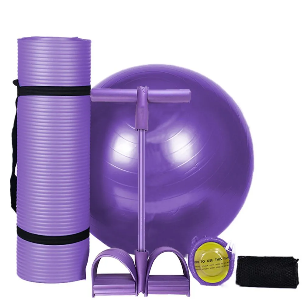 Fitness Equipment Yoga Mat Pilates Ball Ankle Puller Set - Purple - 5-in-1
