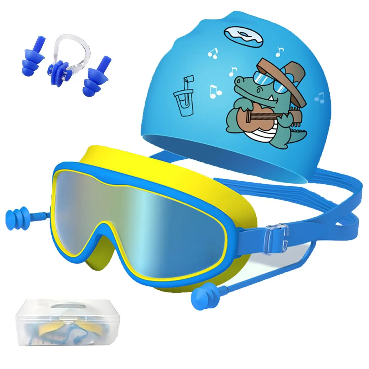 4 PCS Children's Swimming Goggles Caps Large Frame Waterproof Anti-fog Set - Blue, Yellow