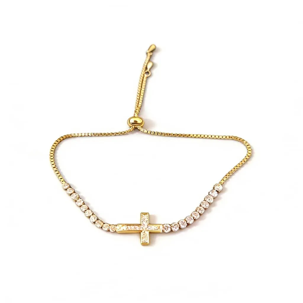 Silver Bracelets for Womens, Cross Cubic Zirconia Adjustable Bracelet - Gold