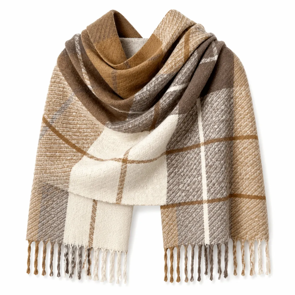 Soft Winter Plaid Tassel Scarf Warm Fashion Shawl Wrap for Women - Brown