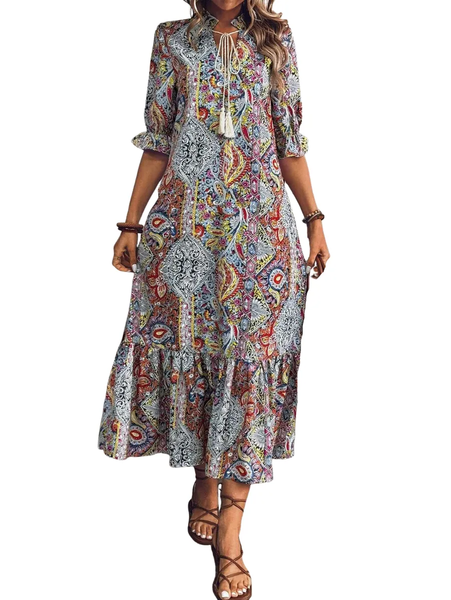 V-neck Vintage Ethnic Style Fashionable Printed Dress