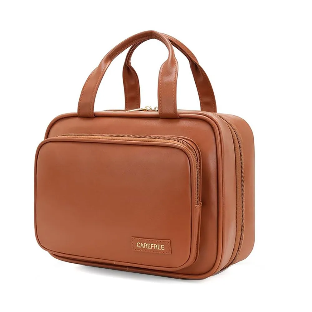 Hanging Travel Toiletry Bag, Waterproof PU Leather Cosmetic Organizer - Brown