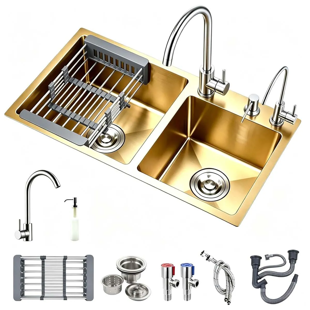 Kitchen Sink, Double Bowl Drop-in/Top-Mount 304 Stainless Steel,80x45cm - Gold