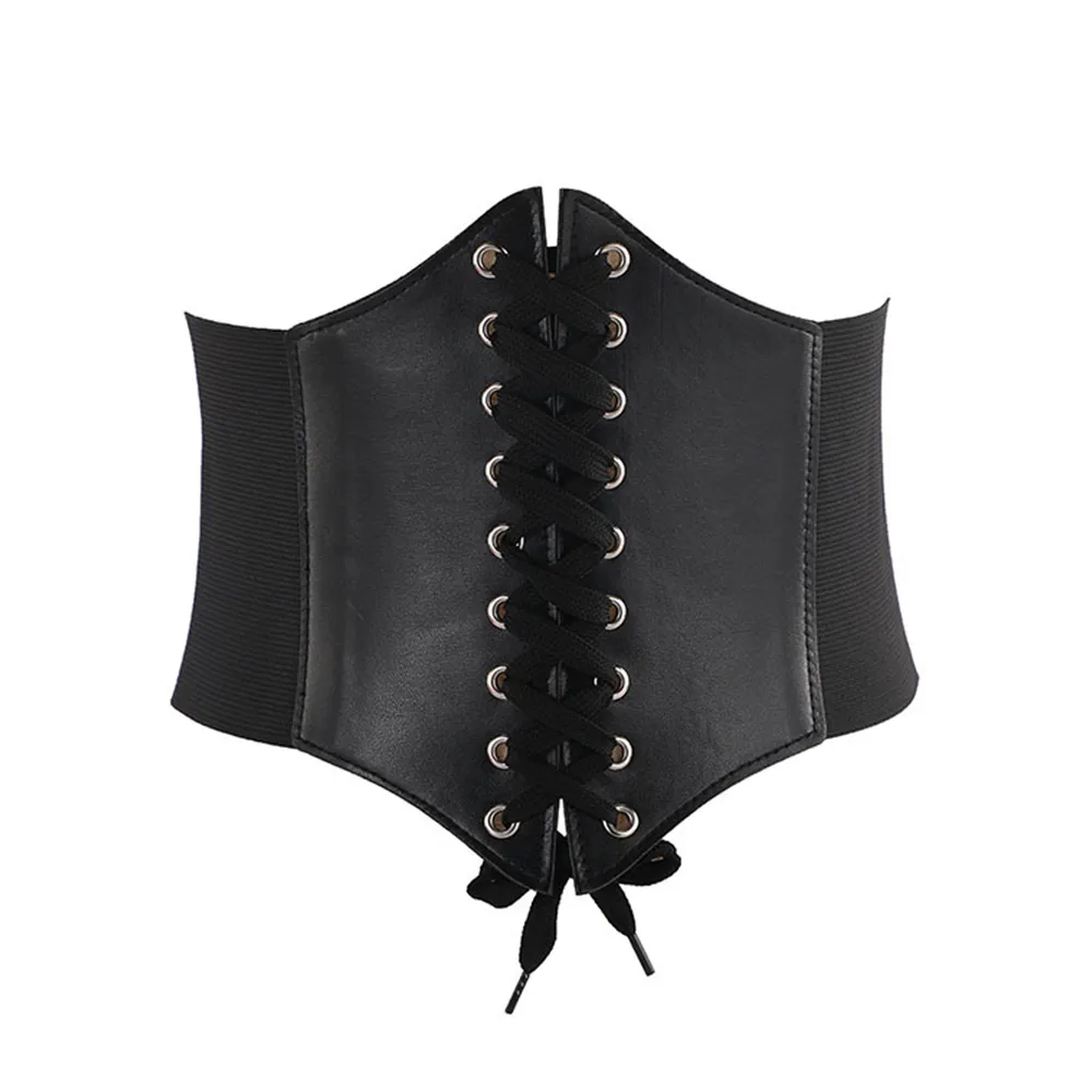 Women Corset Cinch Belt Lace-up Elastic Waist Belt - Black