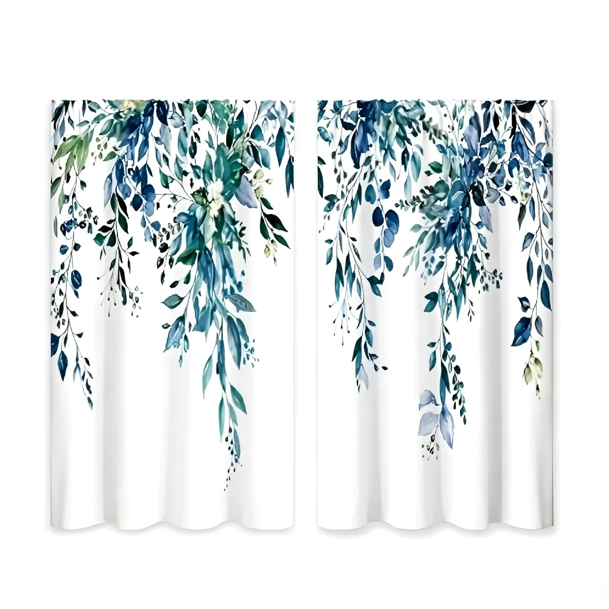 Teal Botanical Eucalyptus Leaves Window Curtains 27.5 x 39 Inches