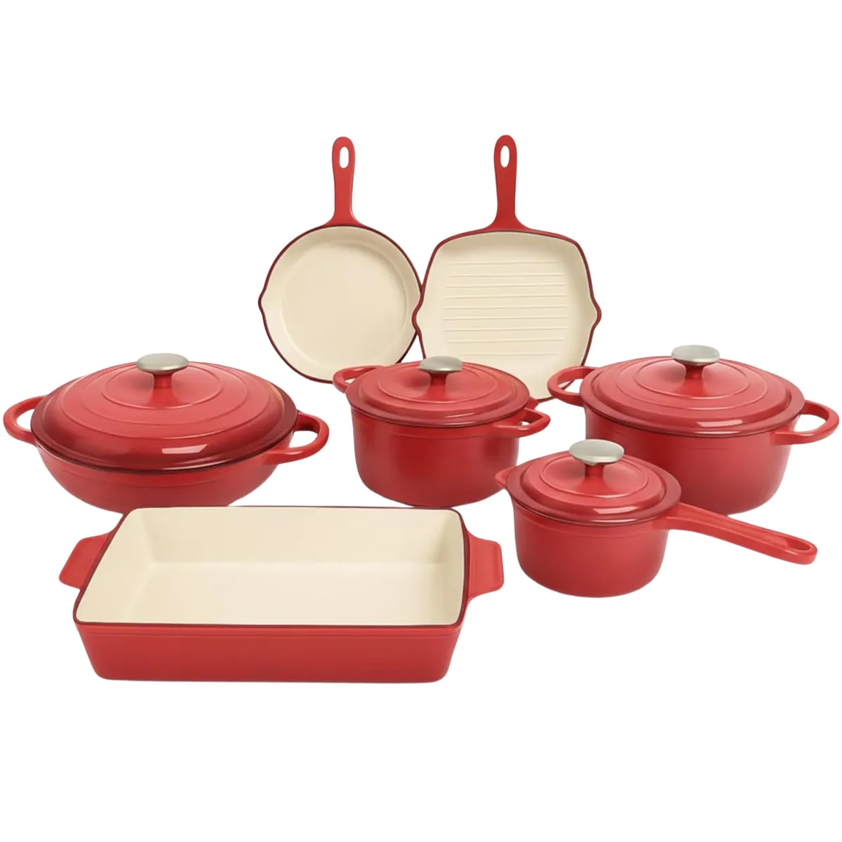 11-Piece Enamel Cast Iron Cookware Set: Non-Stick Heavy-Duty Pots & Pans - Red