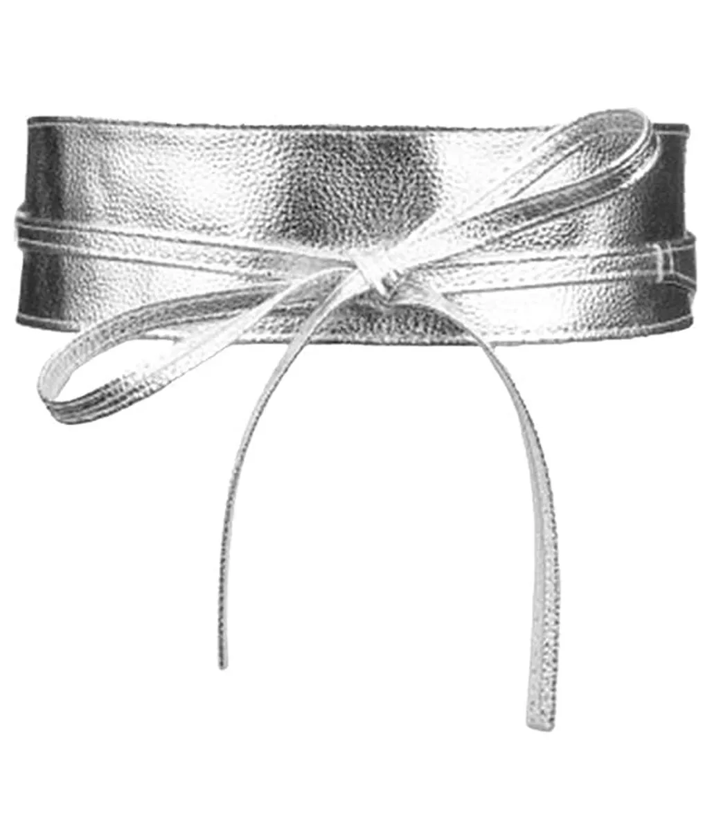 Women's Leatherette Waisband Obi Belt with Lace Up Wrap Style - Silver