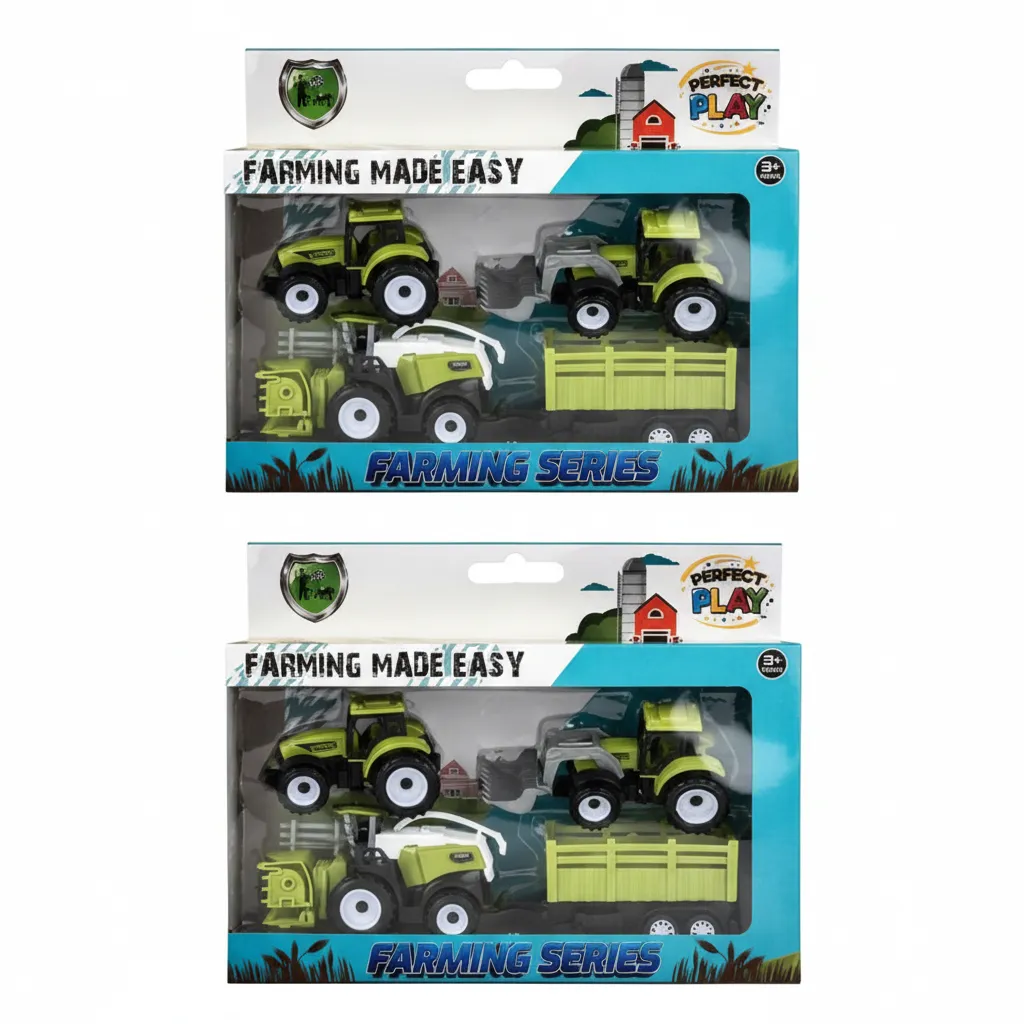 Perfect Play 4 Piece Farm Tractor Toy Set, 28 cm Durable Vehicles - 2 Pack