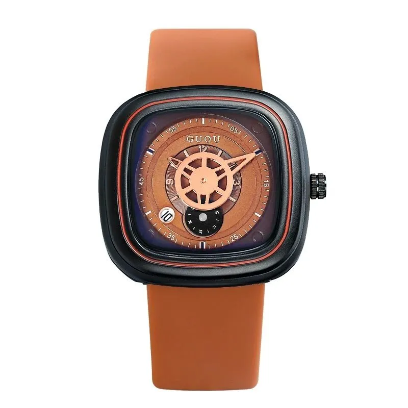 Square Waterproof Silicone Band Quartz Watch - Brown
