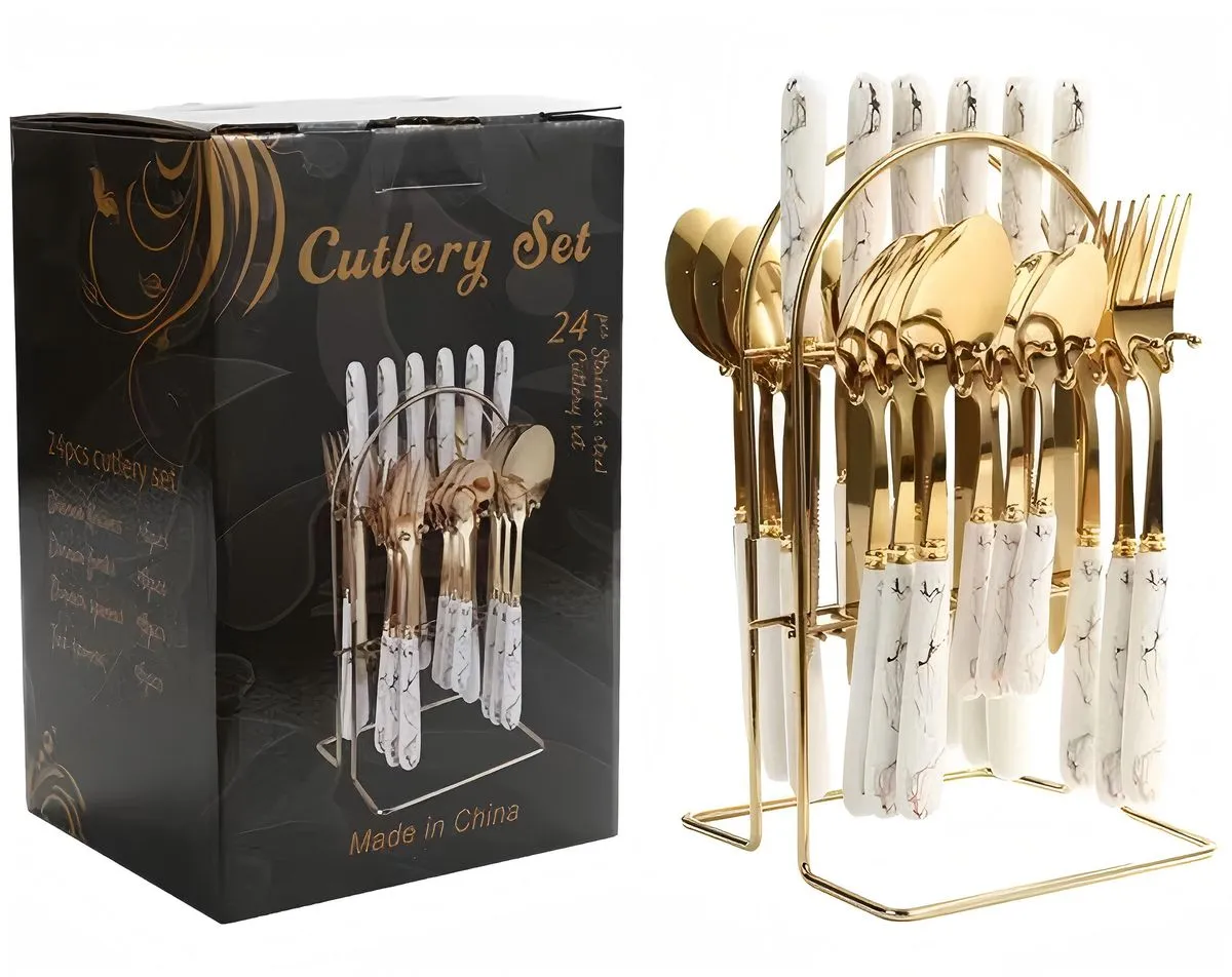 24 Piece Stainless Steel Cutlery Flatware SetsKnife Fork Spoon Gift Set - White