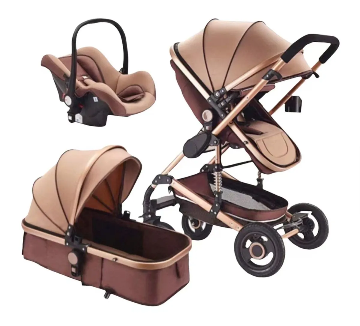 Multi-functional Baby Pram Stroller Foldable Pram with Car Seat Bassinet - Brown