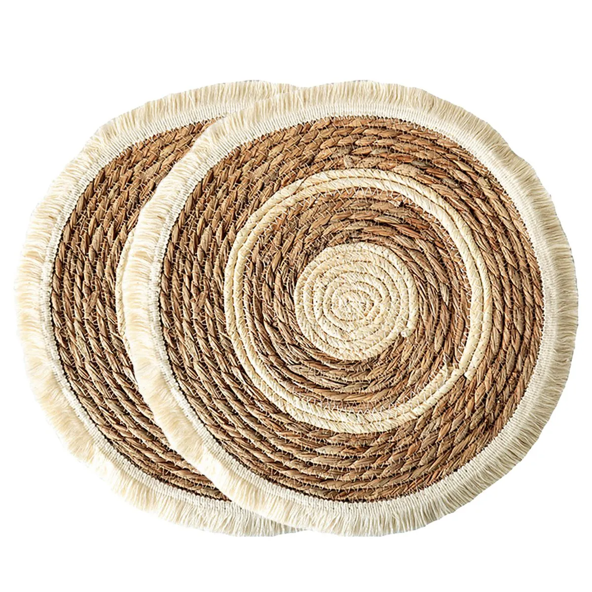 2 Pack Natural Woven Grass Tassel Heat Insulation Placemats - Large 38cm
