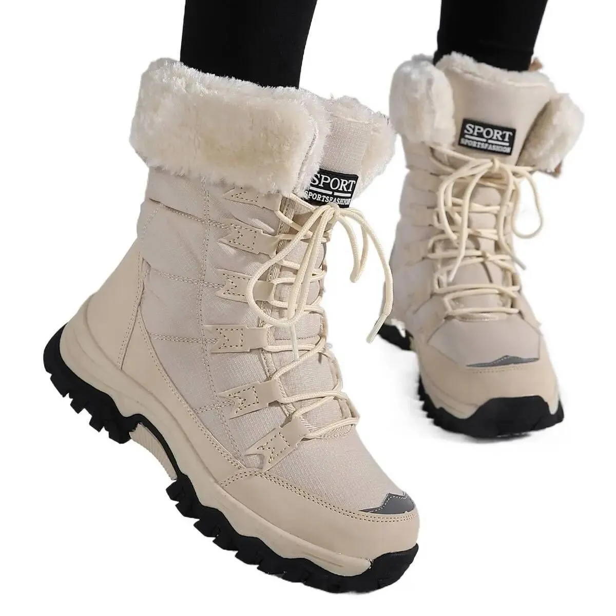 Plus Size Women Winter Snow Boots Mid Calf Fur Lined Outdoor Hiking