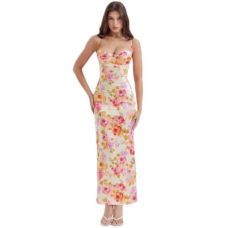 Ladies Elegant Lace Trim Ruched Bust Slim Fit Maxi Dress - L