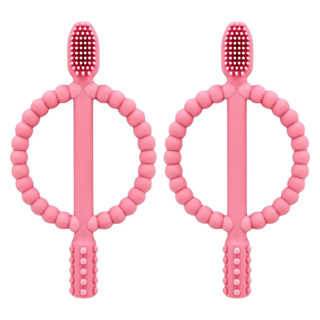 2 Pack - Silicone Baby Teether With Toothbrush Ring - Dark Pink 