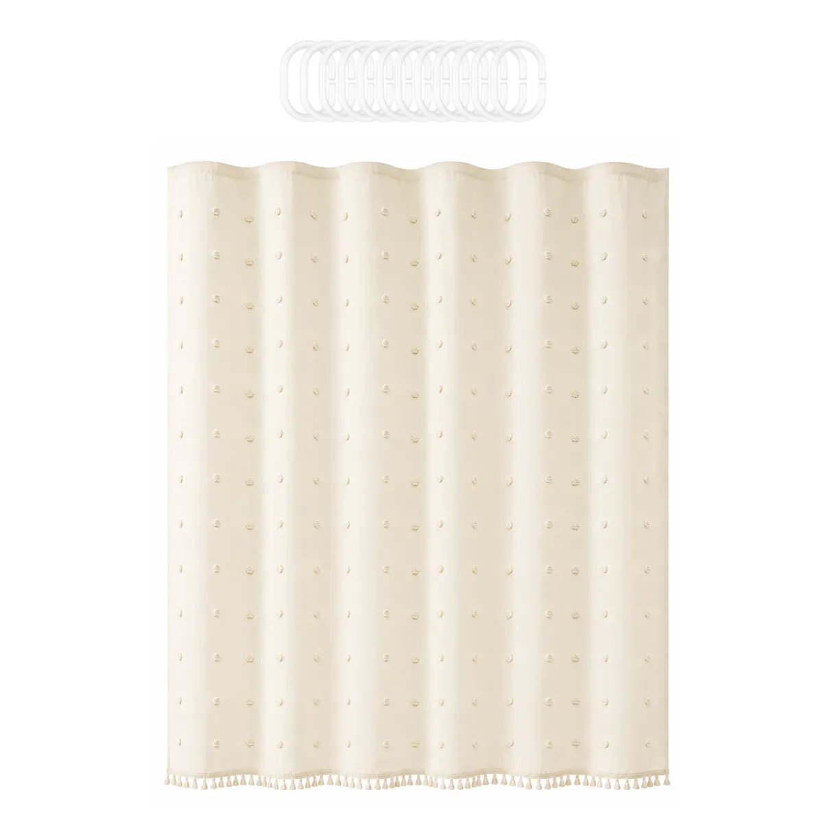 Bohemian Inspired Shower Curtain with Hooks - 180 x 180cm - Cream