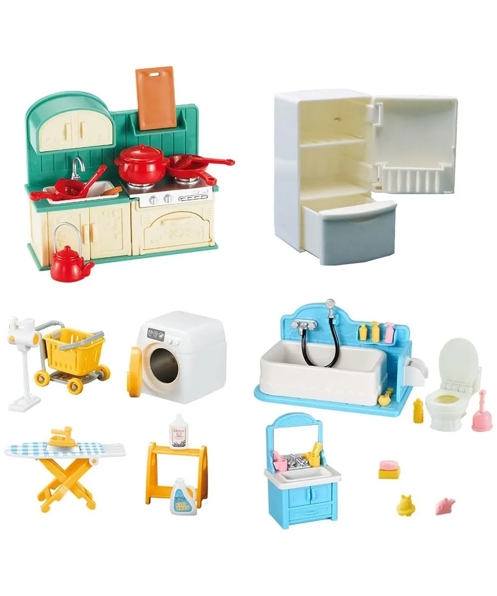 Dollhouse Furniture Kitchen & Bathroom Fridge Washing Machine Set for Kids
