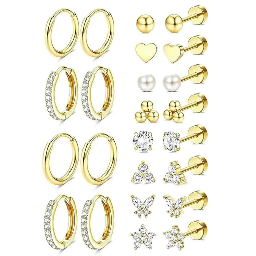 Cartilage Earrings for Women - 14K Gold Plated Flat Back Stud Jewelry Set - Gold