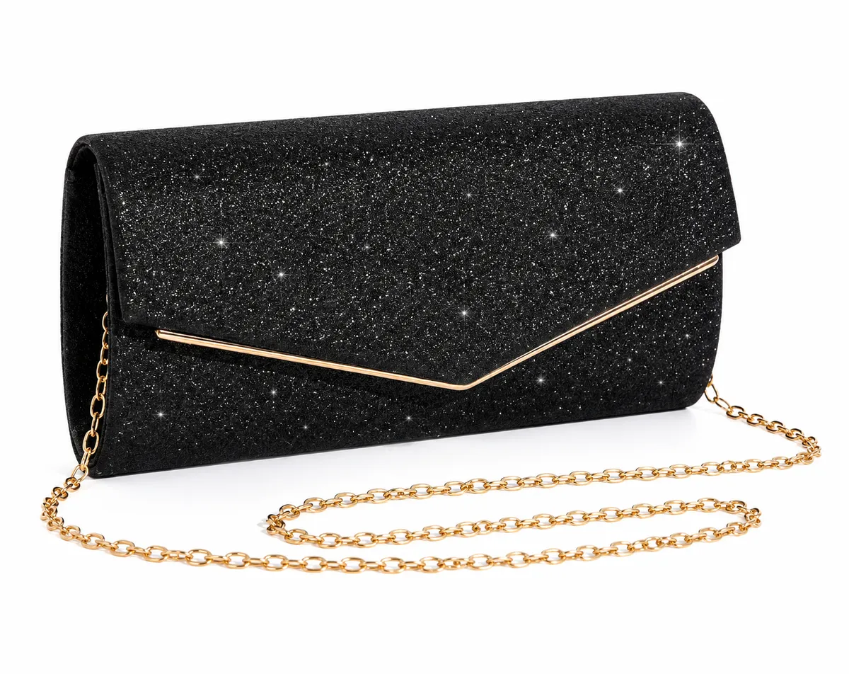 Women's Rhinestone Evening Clutch Bag With Chain Strap - Black