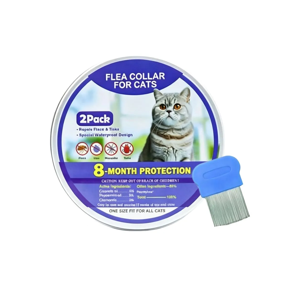 Cat Flea & Tick Collar 2 Pack - 8-Month Adjustable Protection for Cats