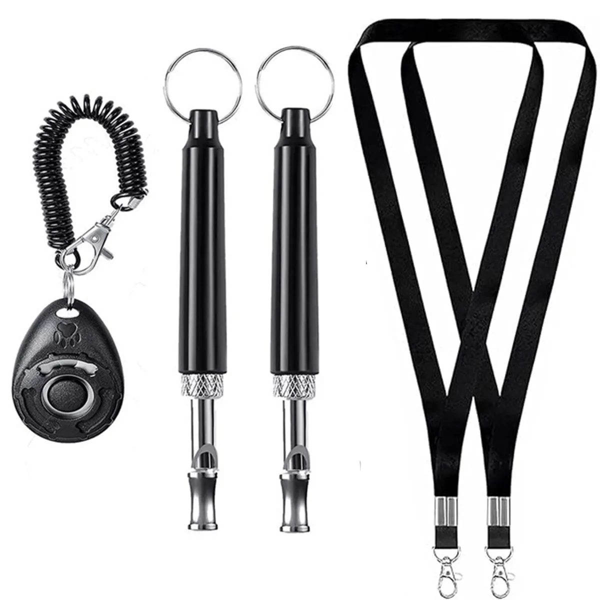 5 Pack Dogs Training Whistle Set with 2 Black Whistles 2 Lanyards 1 Clicker