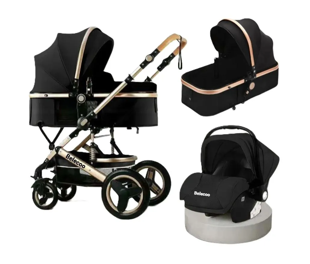Baby Pram Stroller 3 in 1 Function Foldable with Car Seat - Black