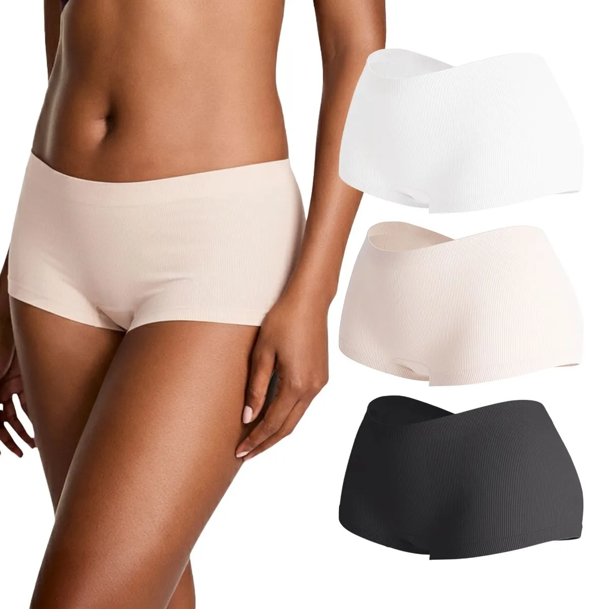 Lekkon Seamless No-Show Ribbed Boyleg Lady Panties, Full-Coverage Underwear - L (3pack)