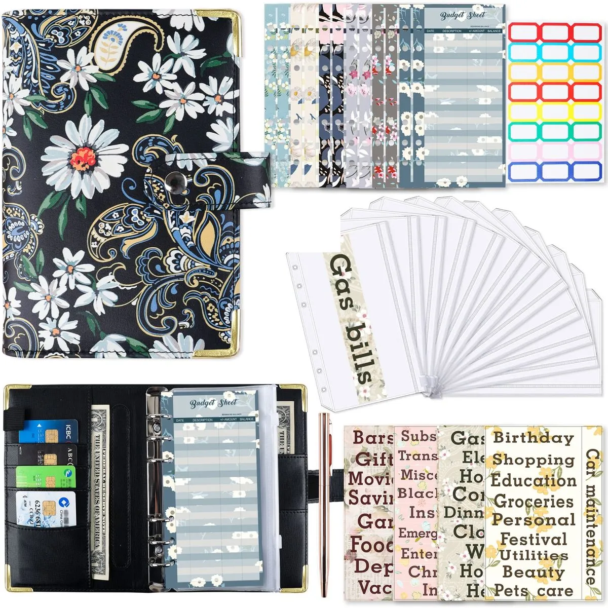 A6 PU Leather Budget Binder Notebook (Flower Print) - Black