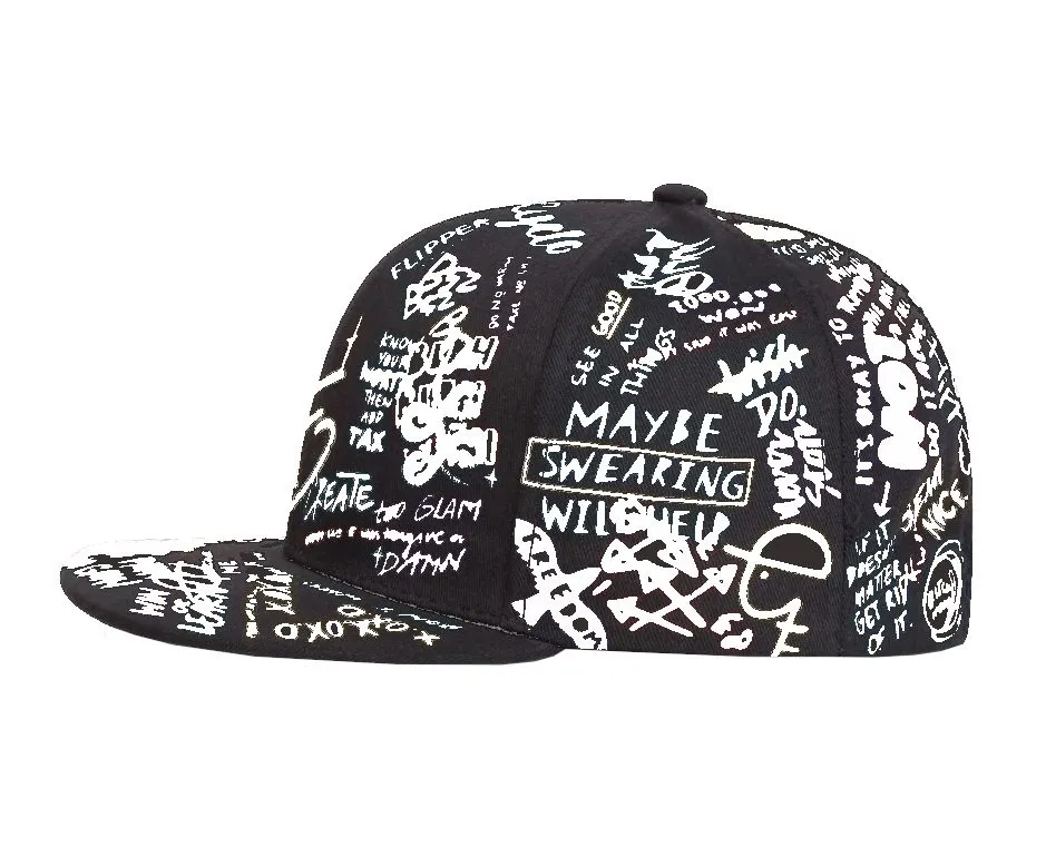 Men's Graffiti Print Snapback Cap with Printed Brim - Black