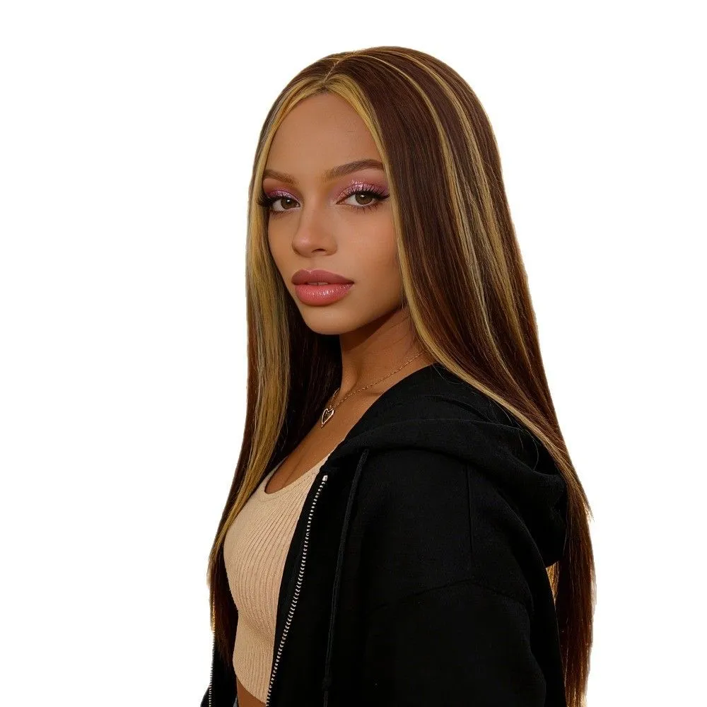 27.5-inch Long Straight Brown with Blonde Highlights Wig - Warm & Trendy