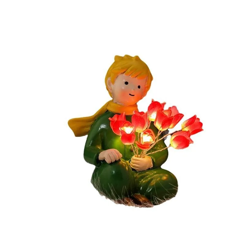 Fairy Tale Boy & Flowers LED Night Light - Decorative Resin Figurine